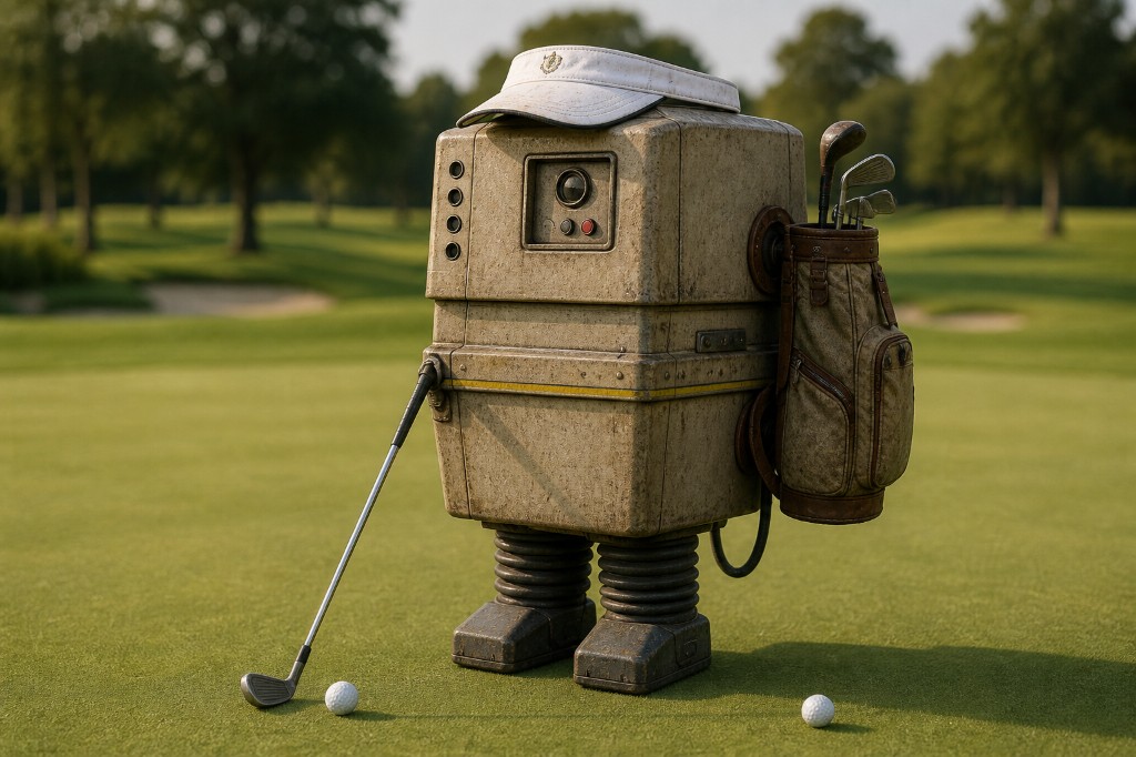 The Gonkbot caddie lining up a putt