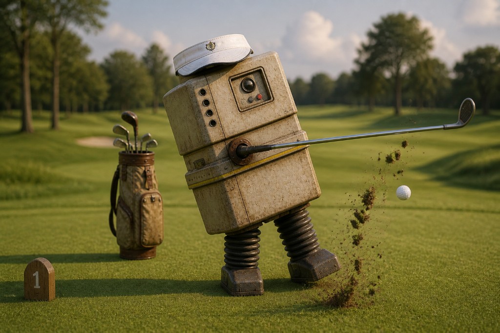 The Gonkbot caddie taking a healthy divot
